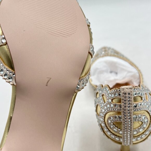 XYD Gold Pointed Toe D\'Orsay Kitten Heel Rhinestone Studs Slip-On Pumps